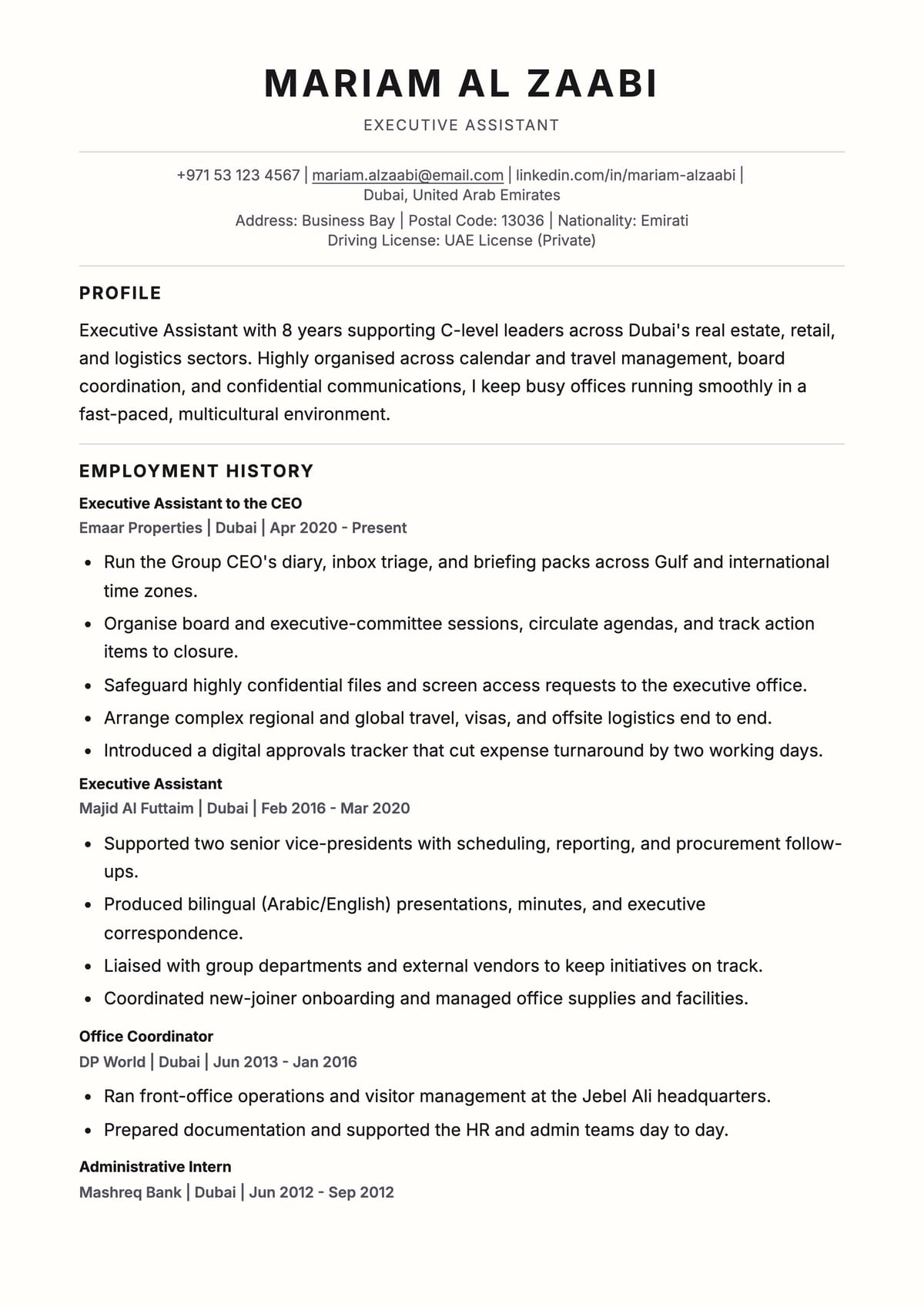Awesome ATS CV template for Administrative Assistant