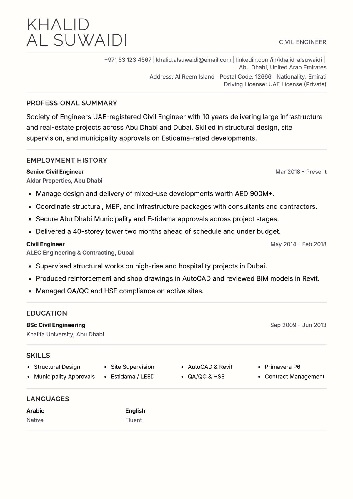 Executive ATS CV template for مهندس مدني
