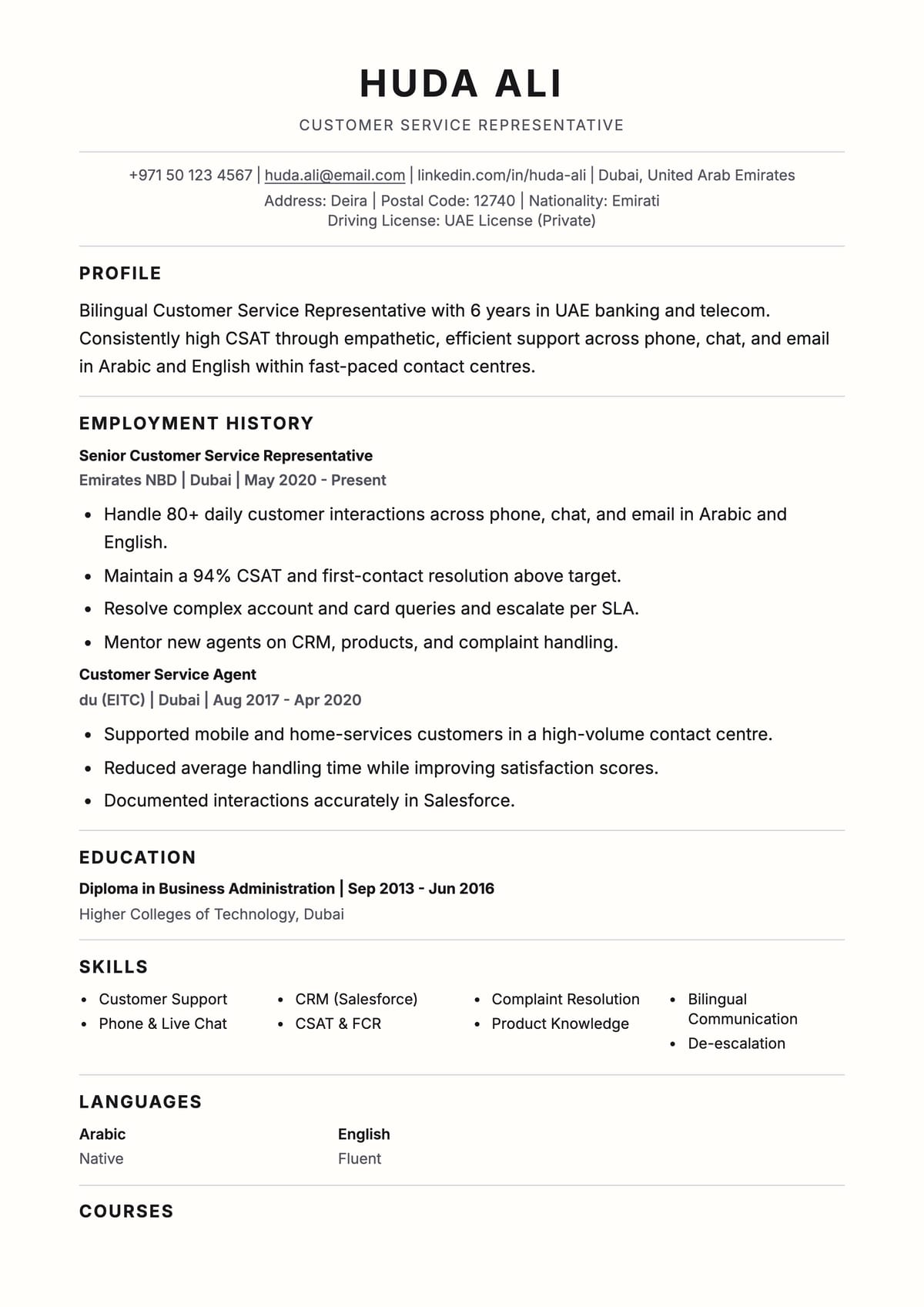 Awesome ATS CV template for موظف خدمة عملاء