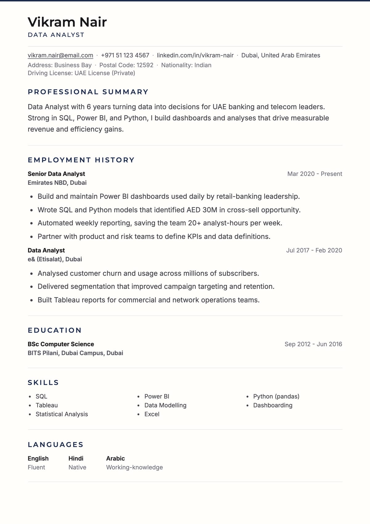 Executive Minimal ATS CV template for Data Analyst