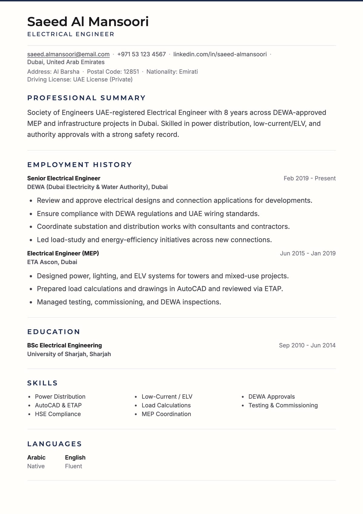 Executive Minimal ATS CV template for Electrical Engineer