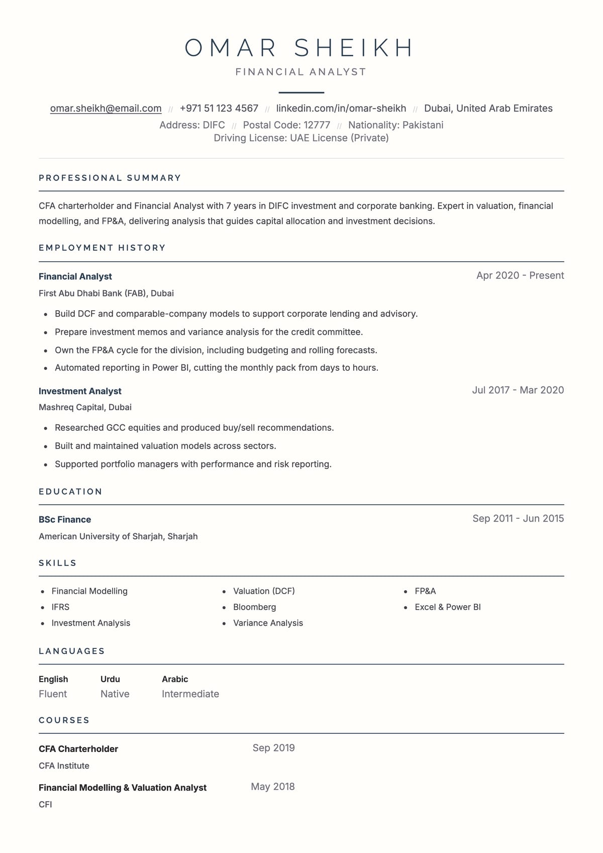Prestige ATS CV template for محلل مالي