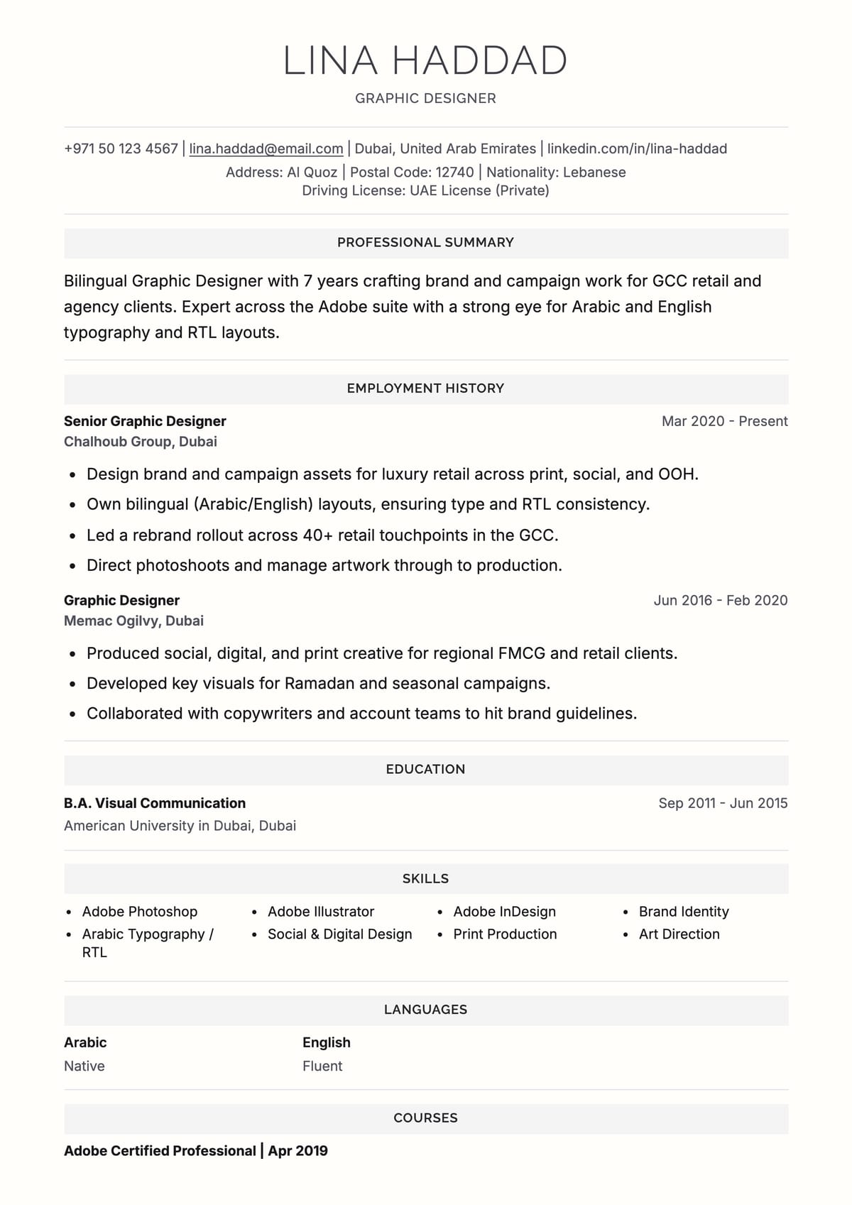 Structured ATS CV template for Graphic Designer