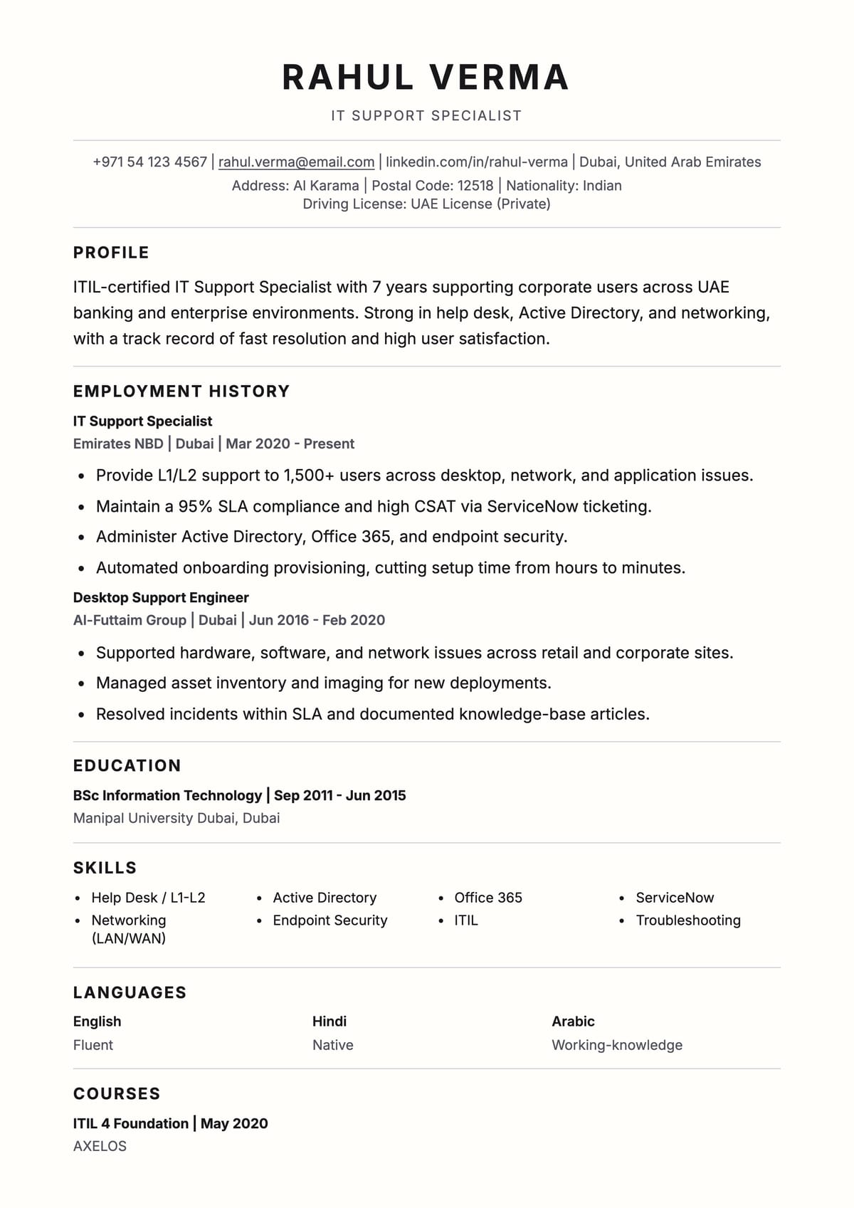 Awesome ATS CV template for أخصائي دعم فني