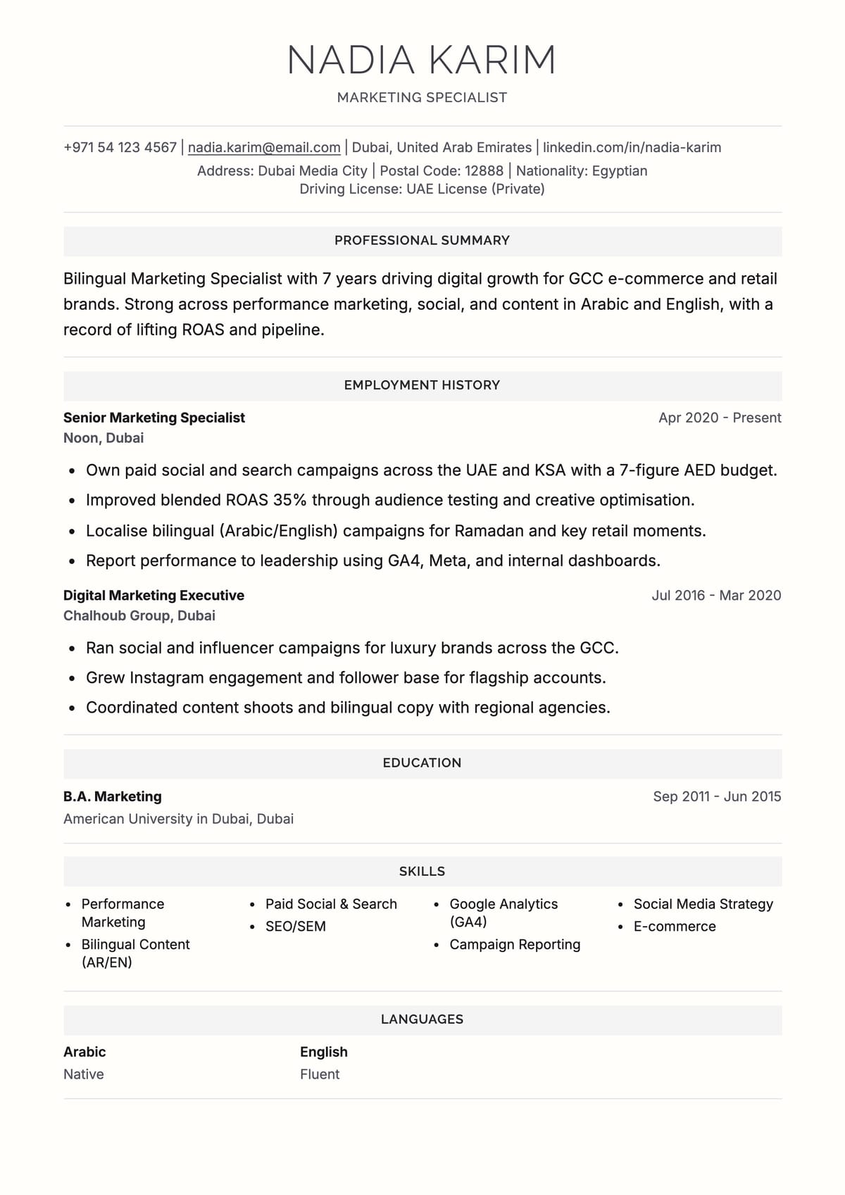 Structured ATS CV template for أخصائي تسويق