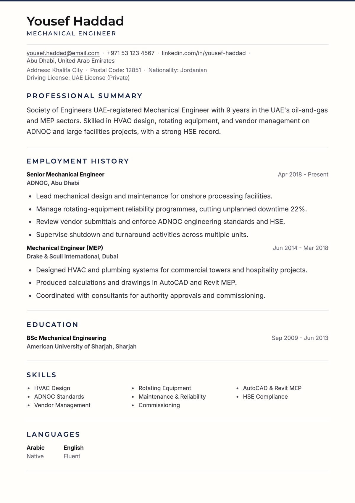 Executive Minimal ATS CV template for Mechanical Engineer