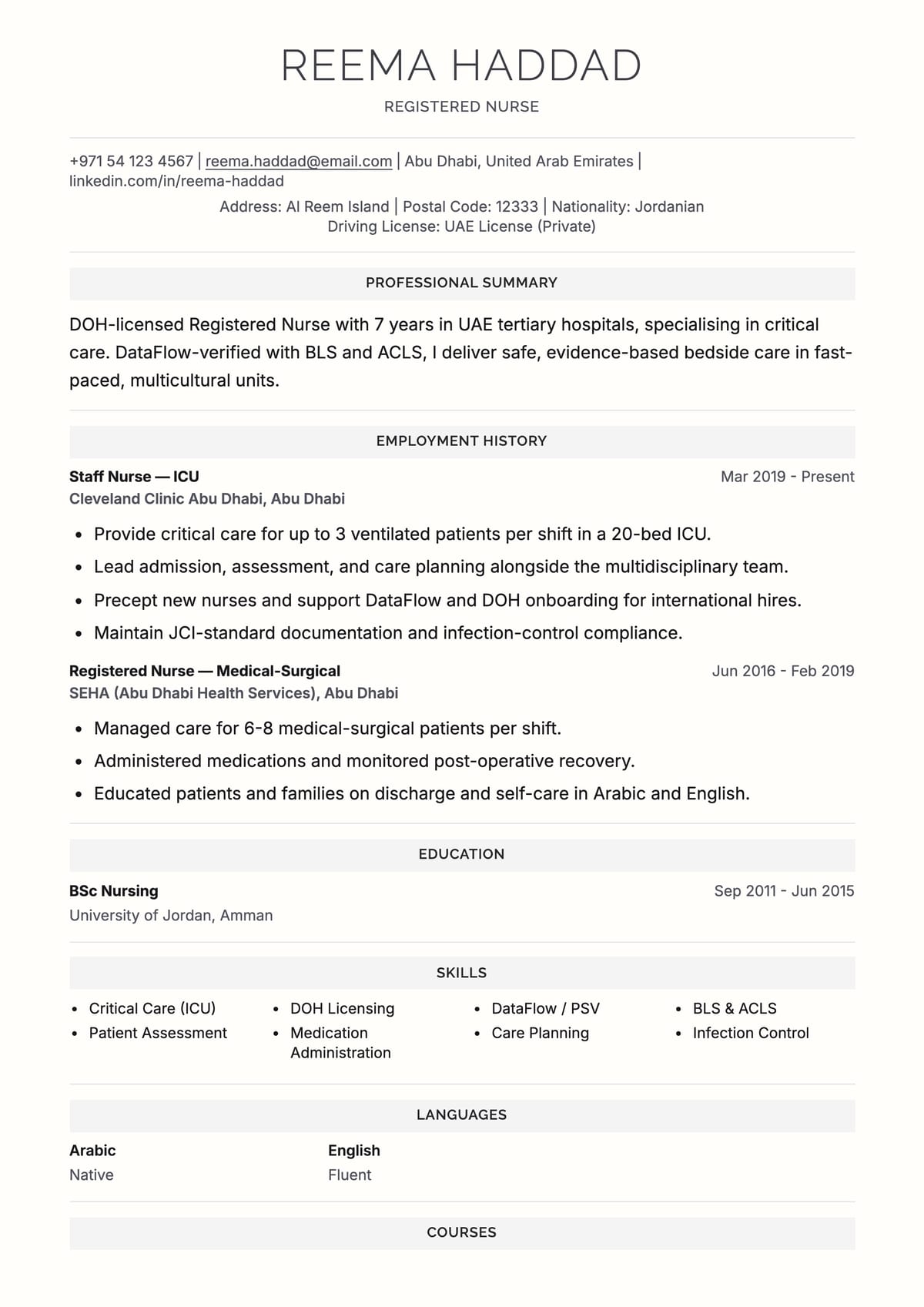 Structured ATS CV template for Nurse