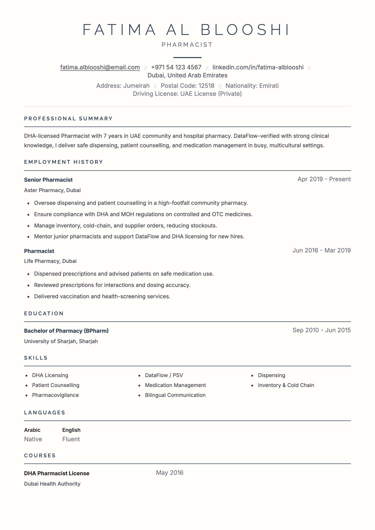 Prestige ATS CV template for صيدلي