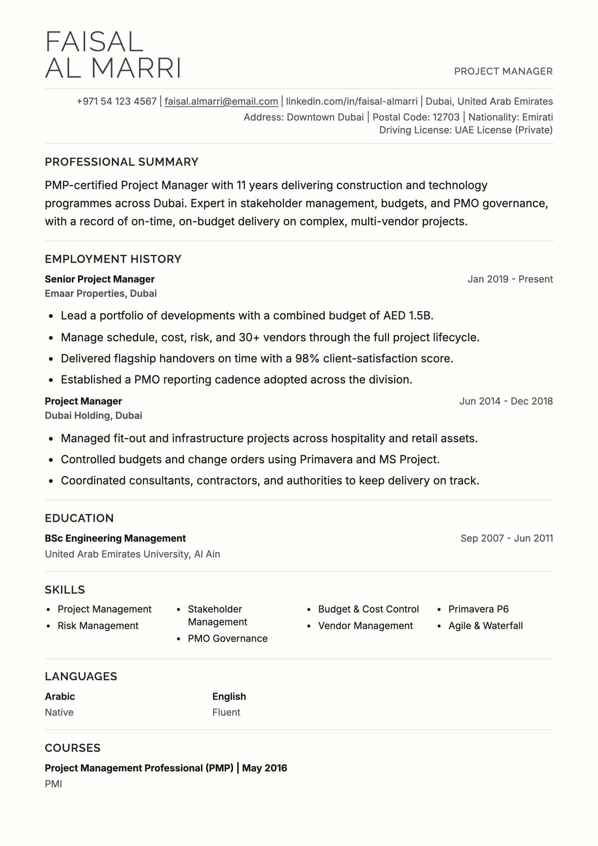 Executive ATS CV template for Project Manager