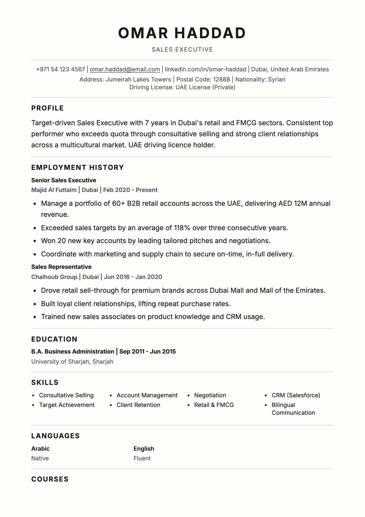 Awesome ATS CV template for Sales Representative