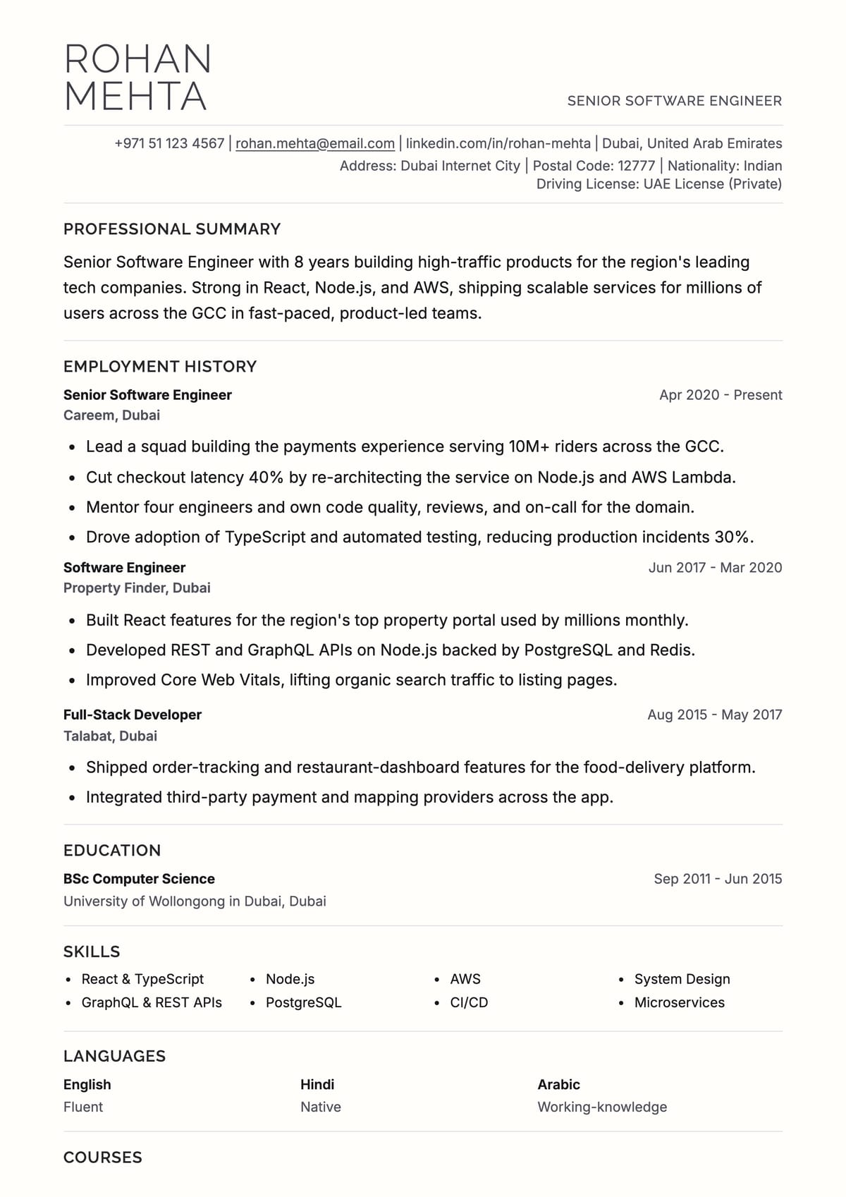 Executive ATS CV template for مهندس برمجيات