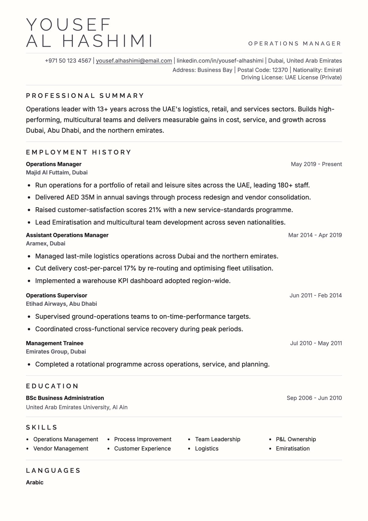 Dubai CV template for United Arab Emirates