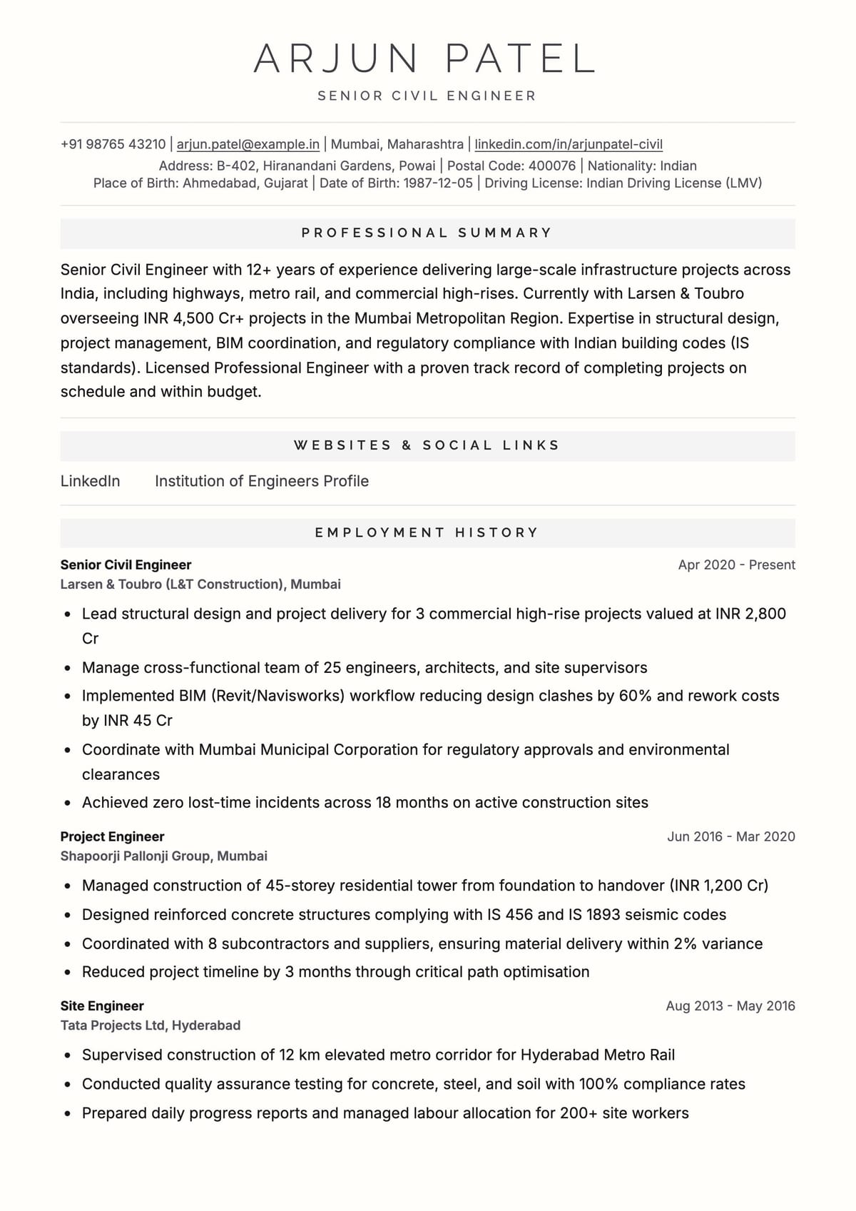 Structured ATS template preview